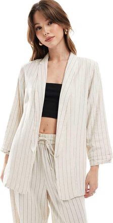 Pieces Mix & Match - Blazer in misto lino color panna a righe nere con maniche arricciate-Bianco