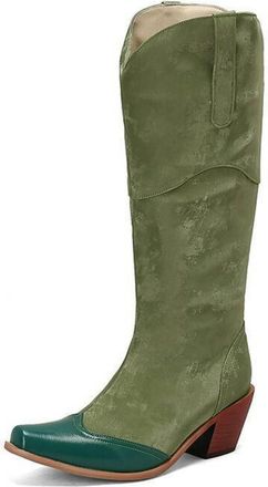 Generic Womens Chunky High Heel Western Cowboy Boots Square Toe Long Boot Pull on Knee High Boots,Green,5.5 UK