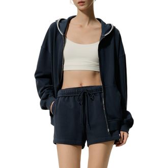 LilySilk SILKERRY Oversized Seamflow Verge Full-Length Front Zip Hoodie in Navy at Nordstrom, Size X-Large