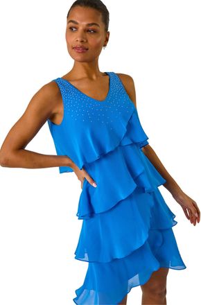 Roman Womens Embellished Hotfix Tiered Chiffon Dress - Blue - Size 12 UK