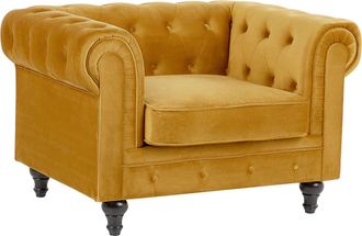 Beliani Sill&oacute;n Chesterfield Tapizado En Tela De Terciopelo Amarillo Patas De Madera Oscura Estilo Contempor&aacute;neo Chesterfield