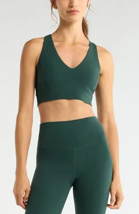 Zella Studio Luxe V-Neck Racerback Sports Bra in Green Timber at Nordstrom, Size X-Small