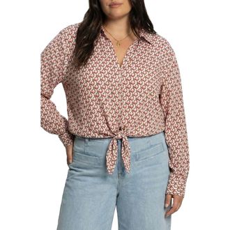 Sanctuary Lover Print Tie Hem Crop Sateen Shirt in Petal Grid Pink at Nordstrom, Size 1X