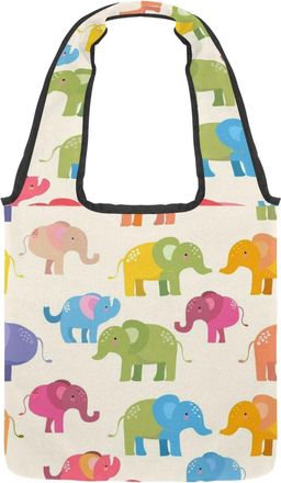 Generic Cartoon Colorful Elephants Reversible Canvas Shoulder Tote - Double-Sided Print, 12oz Cotton, 27cm Drop, Fold-Flat Bag for Travel, Shopping, Street Ou