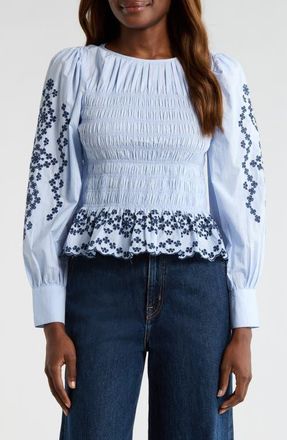 Rails Tabi Embroidered Smocked Cotton Top in Blue Bird at Nordstrom, Size Xx-Small