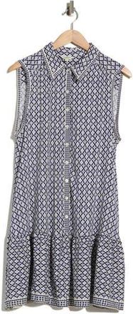 Max Studio Sleeveless Ruffle Hem Shirtdress in Indigo/Cream Chainmail Geo at Nordstrom Rack, Size 2X