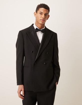 Asos Giacca da abito stile smoking slim nera con dettagli in raso-Nero