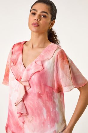 Roman Floral Ruffle Front Top