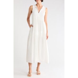 DKNY Sleeveless Tiered Linen Blend Maxi Dress in Ivory at Nordstrom Rack, Size X-Large