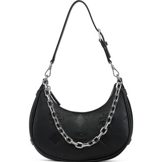 MCM Aren Crescent Hobo Bag in Maxi Monogram Leather in Black at Nordstrom