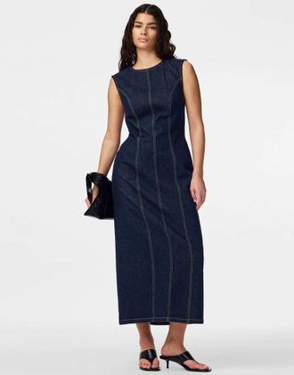 Pieces Vestito midi in denim blu scuro