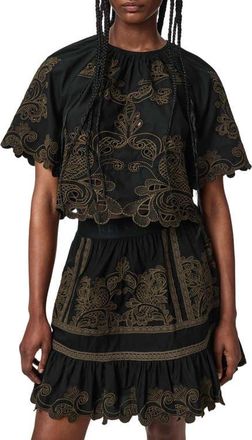AllSaints Miriam Embroidered Cotton Top in Black/khaki at Nordstrom, Size 10