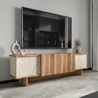 Dmora Armario Para Tv Clusone, Un Estante, 4 Puertas, 4 Compartimentos, 180x33x50h Cm Beige M&aacute;rmol