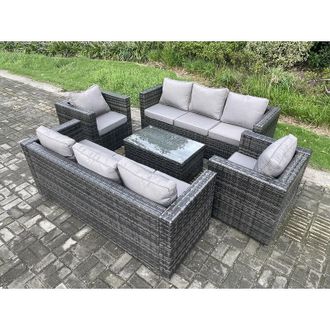 Fimous Fimous Wicker PE Rattan Sofa Set Outdoor Patio Garden Furniture with 2 Armchairs Oblong Coffee Table Dark Grey Mixed