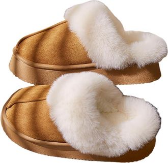 Generic Fuzzy Platform Scuff Slippers for Women Non-Slip Slip-On Winter Suede House Shoes, Warm Plush Fur Lined Memory Foam Casual Boot Slippers Indoor Outdoo
