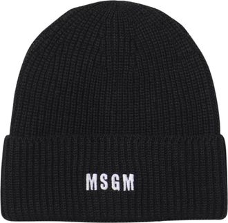 Msgm Geribbelde Gebreide Beanie met Logo - Heren - Hoeden - Zwart - ONE Size - Wol - Accessoires