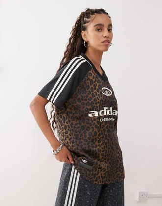 adidas Originals soccer jersey in black and leopard print-Brown