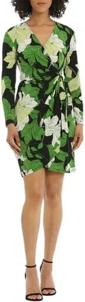 Maggy London Floral Long Sleeve Faux Wrap Dress in Black/Green Apple at Nordstrom Rack, Size 4