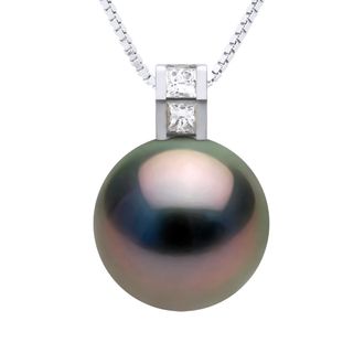 Ateliers Saint Germain Womens Pendant Jewelry Prestige Diamond 0.04 Cts - Size Princess - Real Cultured Tahiti Pearl Round 11-12 mm - White White Gold - One Size
