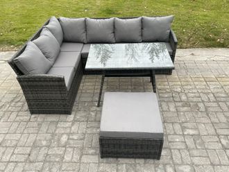 Fimous Rattan Garden Furniture Corner Sofa Set with Oblong Dining Table Big Footstool Outdoor Rattan Set in Dark Grey