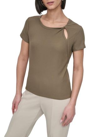 DKNY Twist Neck Rib T-Shirt in Utility Green at Nordstrom, Size Medium