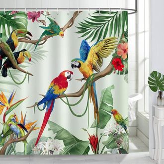 OEM Cortina De Ducha Con Estampado De Loros, Hojas Verdes Y Aves Tropicales Para Ba&ntilde;o - Impermeable, Lavable, De Poli&eacute;ster Antimoho - 180 X 180 Cm Con 12 