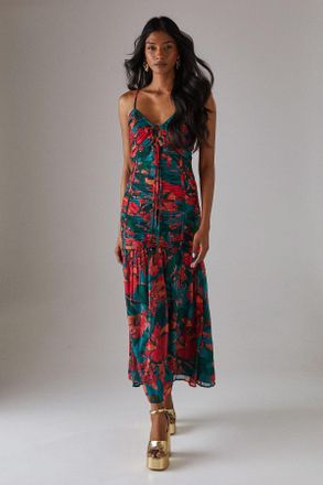 Warehouse Womens Chiffon Gathered Channel Strappy Midi Dress - Floral - Size 14 UK