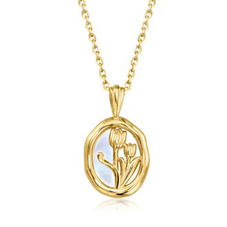 RS Pure by Ross-Simons Mother-Of-Pearl Tulip Pendant Necklace in 18kt Gold Over Sterling