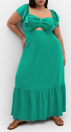 City Chic Alora Flutter Sleeve Cutout Maxi Dress in Green at Nordstrom, Size Xxs