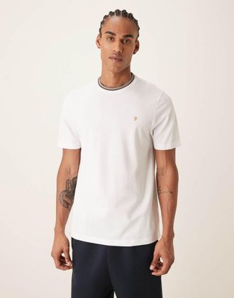 Farah Elton - T-shirt bianca a maniche corte con logo e righe a contrasto sul colletto-Bianco
