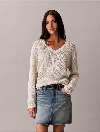 Calvin Klein Jeans Calvin Klein Womens Smooth Cotton Relaxed Monogram Sweater - Neutral - XL