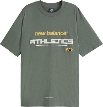 New Balance Mens Street Classics Athletics T-Shirt in Green Cotton Jersey, size Small