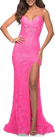 La Femme Neon Lace Prom Gown With Sheer Bodice and Tie Up Back in Neon Pink at Nordstrom, Size 10