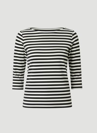 Majestic Filatures Stretch Linen Stripe Three Quarter Sleeve Boatneck T-Shirt in Noir at Nordstrom, Size 3