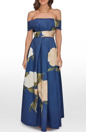 DKNY Placed Floral Off the Shoulder Gown in Ink Multi at Nordstrom, Size 14
