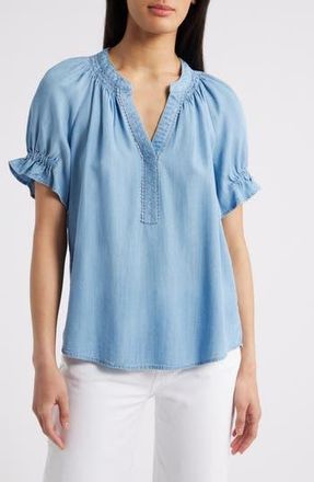 Wit & Wisdom Smocked Embroidered Chambray Top in Light Blue at Nordstrom Rack, Size Medium