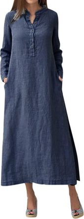 Generic Shirt Summer Dresses Women Kaftan Cotton Long Sleeve Plain Casaul Oversize Shirt Dress Plus Warm Winter Dresses (Navy, XL)