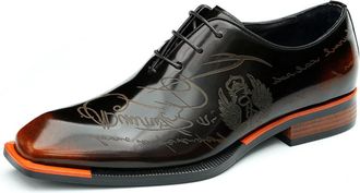 Generic Mens Patent Leather Engraved Dress Shoes Low Block Heel Business Oxfords Lace-Up Formal Wedding Shoes,Brown,4.5 UK