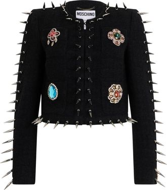 Moschino Korte Jas met Studs en Decoratieve Juwelen - Dames - Blazers - Zwart - S - Wol - Jassen