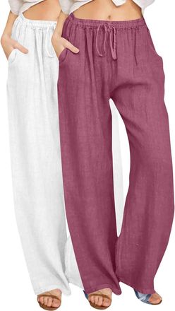 Generic Beige Trousers 2025 Trendy Womens Pants Cotton Pants for Womens UK Elasticated Waist Loungepants Light Trousers Summer Linen