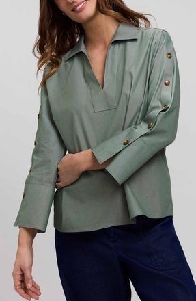 Foxcroft Lainey Button Accent Cotton Popover Top in Soft Olive Green at Nordstrom, Size X-Small