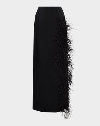 Sally Lapointe Feather-Trimmed Slit Satin Maxi Skirt