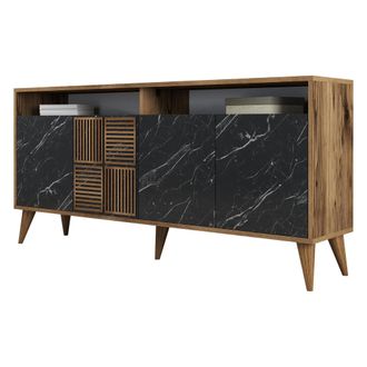 Dmora Aparador Thuile, Comoda 2 Estantes, 4 Puertas, 6 Espacios, 160x35x78h Cm M&aacute;rmol Negro