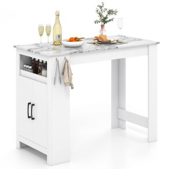 Costway Costway Faux Marble Bar Table Pub Table w/Hooks & Cabinet Kitchen Dining Table in White