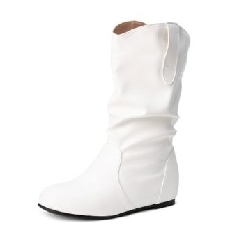 Generic Womens Mid-Calf Slouchy PU Leather Boots Round Toe Wedge Heel Pull Tab Slip On Soft Upper Cushioned Insole Flexible Fit Durable Outsole,White,4.5 UK