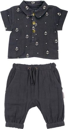 LOvedbaby Organic Cotton Muslin Anchor Print Polo & Harem Pants Set in Chia Anchor at Nordstrom, Size 12-18M