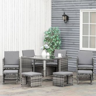 OUTSUNNY 8 Seater Cube Rattan Garden Furniture Dining Set with Cushions in Grey