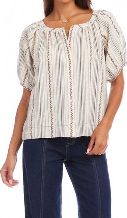 Karen Kane Stripe Puff Sleeve Embroidered Peasant Top In Natural