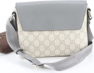 Gucci Beige Gray Leather Coated Canvas Messenger Bag Shoulder Bag (Pre-Owned)