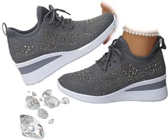 Generic Womens Glittery Rhinestone Fashion Breathable Wedge Sneakers, Sparkly Bling Wedding Dressy Tennis Shoes for Bride, Orthopedic Wedge Sneakers (Grey,8.5
